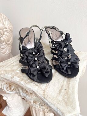 A. Marinelli “Special Effects” Black Satin Rhinestone Bow Heels Sandals